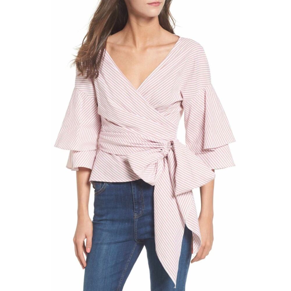 WAYF Pink/White Beckett Tiered Bell Sleeve Cropped Wrap Top Womens Small V-Neck